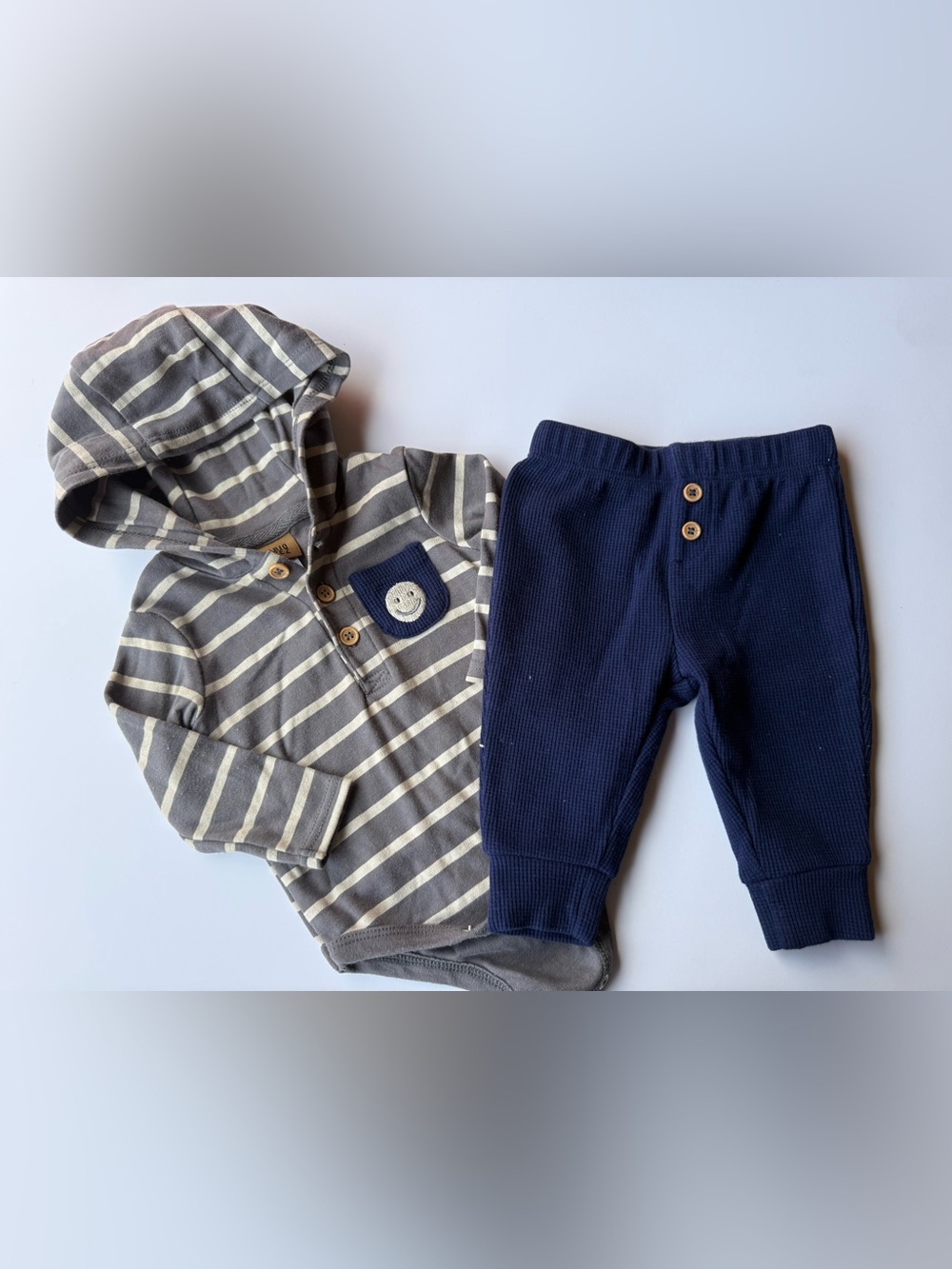 Navy & Gray Striped Hooded Bodysuit Set for Kids
